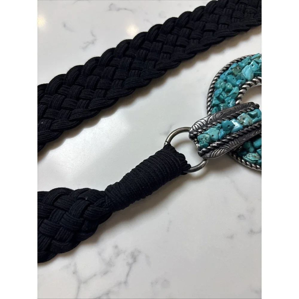 Chicos Southwest Boho Belt Turquoise Metal Round Buckle  Fabric Black Braided XL - Picture 6 of 7